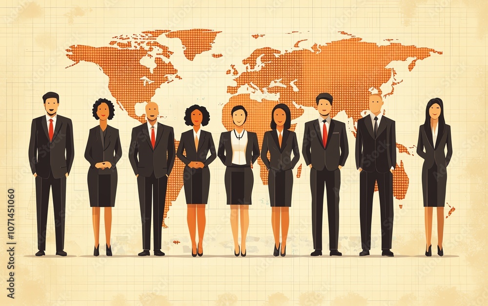 Aufkleber flat design illustration of business people in front of a world map, with geometric patterns and min