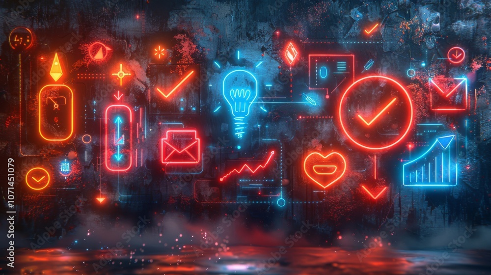Poster design a series of neon productivity symbols, featuring shimmering checkmarks