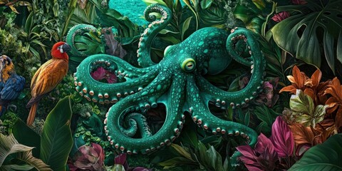 Fototapeta premium Emerald Octopus in a Tropical Jungle Setting: A vibrant depiction of an emerald octopus camouflaged among exotic plants and colorful tropical birds