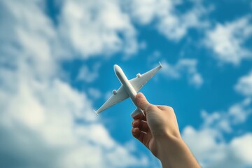 Close up Hand holding airplane toy in front of cloudy blue sky background