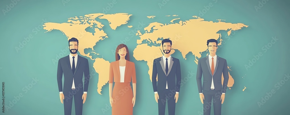 Poster illustration of business people standing in front of a world map, featuring flat design with geometr