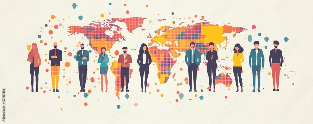 Poster illustration of business people standing in front of a world map, featuring flat design with geometr