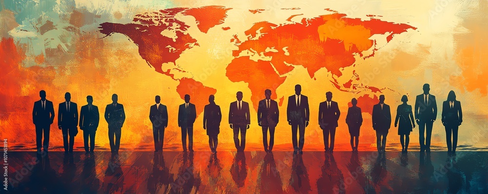 Poster illustration of business people standing in front of a world map, featuring flat design with geometr