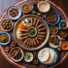 An inviting spread of Azerbaijani cuisine with plov, dolma, and kebabs, capturing the warmth and richness of Azerbaijan's traditional flavors and culture.