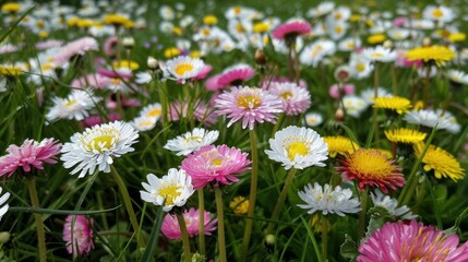 Obraz premium A vibrant field of colorful flowers in bloom, showcasing nature's beauty and diversity.