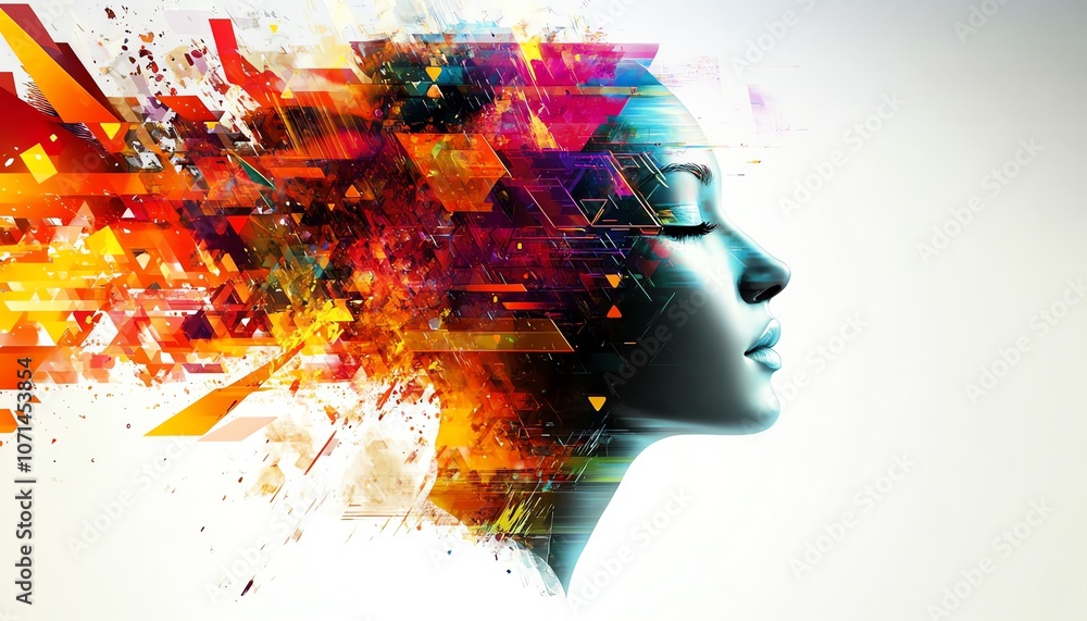 Poster a head with colorful geometric shapes and patterns emerging from it, symbolizing digital marketing c
