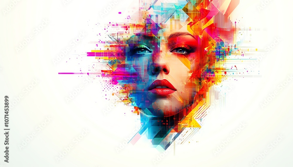 Poster a head with colorful geometric shapes and patterns emerging from it, symbolizing digital marketing c