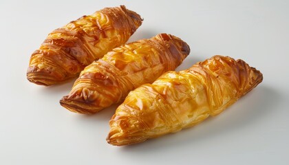 Three golden brown croissants on a white background.