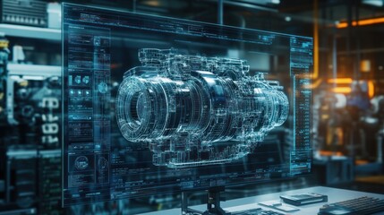 Digital twin of car engine on computer screen used for deep health monitoring and problem prediction.
