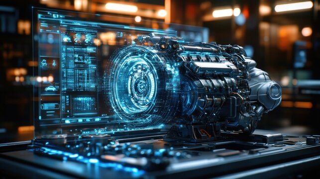 Digital twin of car engine on computer screen used for deep health monitoring and problem prediction.