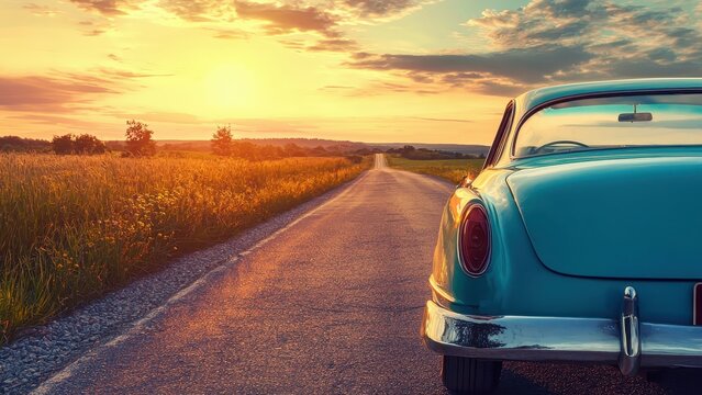 A vintage blue car parked on a scenic road at sunset, surrounded by lush fields, evoking a sense of nostalgia and adventure.
