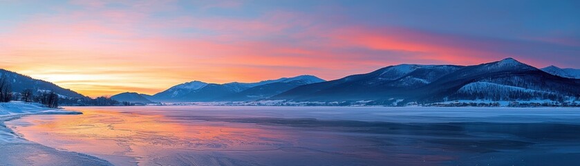 Fototapeta premium A serene winter landscape featuring a frozen lake, mountains, and a vivid sunrise that paints the sky in warm hues.