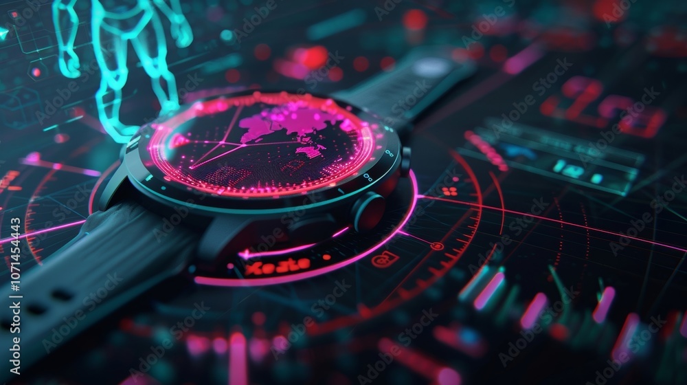 Poster futuristic smartwatch displaying a 3d hologram of a human body and a world map, surrounded by glowin