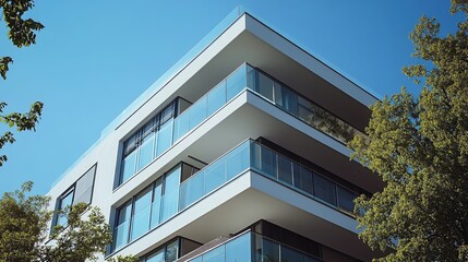 Obraz premium Elegant modern residential apartment building with balconies, and glass window