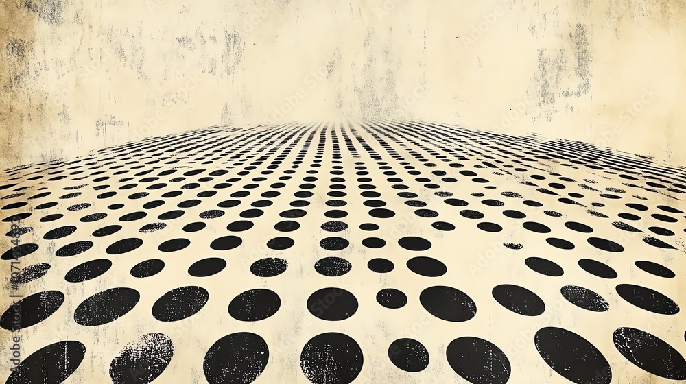 Poster abstract vintage background with black dots pattern on a faded cream surface, converging towards a h