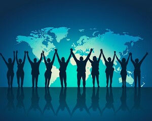 Illustration of people celebrating with raised arms, standing in front of a world map on a blue background, symbolizing global unity and success