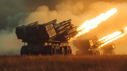 Fototapeta premium Tactical multi-barrel rocket system in formation, providing heavy artillery support to the front lines