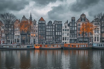 Obraz premium Panorama of famous dancing houses on river Amstel, water channels with house boats