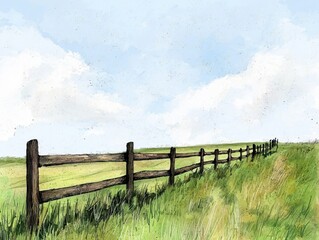 Fototapeta premium A serene landscape featuring a wooden fence along verdant grass under a blue sky with soft clouds, evoking a sense of tranquility and nature.