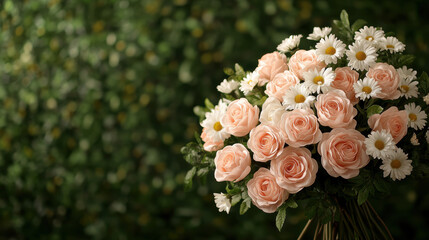 A beautifully arranged bouquet of soft pink roses and white daisies against a lush green background.