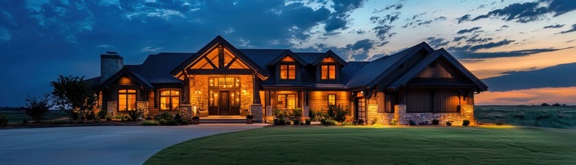 Naklejka premium A stunning evening view of a luxurious home, showcasing warm lights against a twilight sky and lush greenery.
