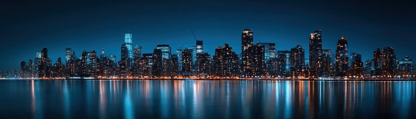 Fototapeta premium A stunning panoramic view of a vibrant city skyline illuminated at night, reflecting beautifully on the water.