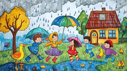Obraz premium A fun rainy day coloring page with an umbrella, rubber boots and a happy duck
