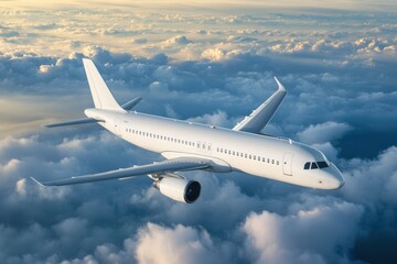 Fototapeta premium White passenger airplane flying in the sky amazing clouds 