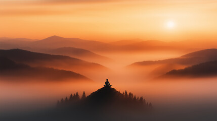 Fototapeta premium A person meditates on a mountain peak as the sun rises, casting a warm orange glow over the misty valleys and creating a serene atmosphere