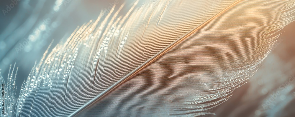 Poster a close-up of a delicate feather with intricate details, showcasing soft textures and subtle color g