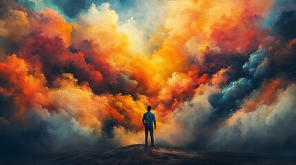 Obraz premium A lone man stands on a hilltop, looking up at an awe-inspiring sky filled with vibrant, colorful clouds.