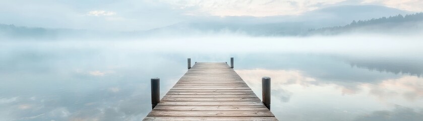 Obraz premium A serene wooden dock extends into a calm, misty lake, surrounded by soft, ethereal reflections and a tranquil atmosphere.