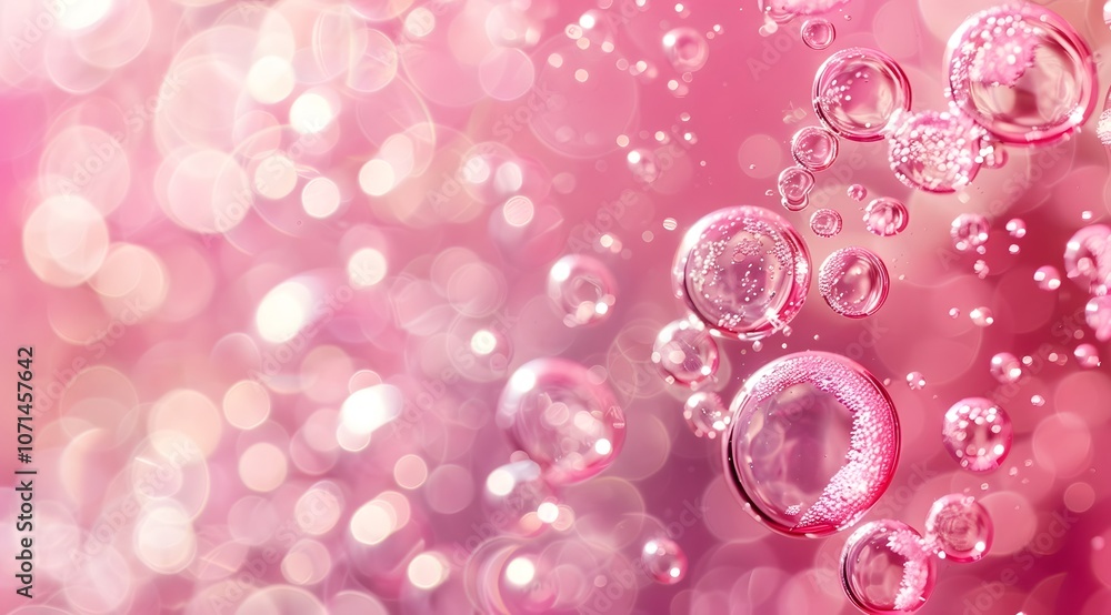 Poster a dreamy pink background with bubbles and soft bokeh effects.