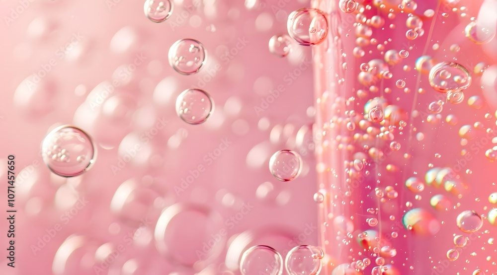 Poster a close-up of bubbles in a pink liquid, creating a dreamy and refreshing atmosphere.