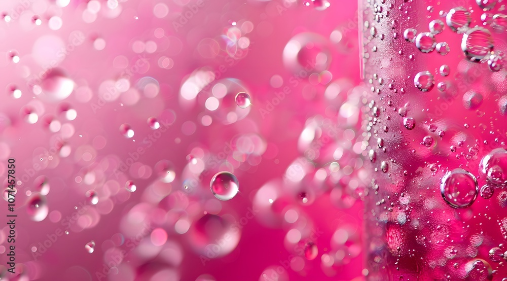 Poster a close-up of bubbles in a pink liquid, creating a vibrant and refreshing atmosphere.
