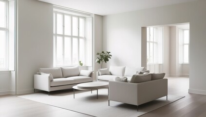 Fototapeta premium A minimalist living room featuring clean lines, neutral tones, and modern furniture.