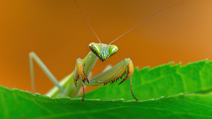 Close up macro of mantis peering from leaf, showcasing its intricate features and vibrant colors