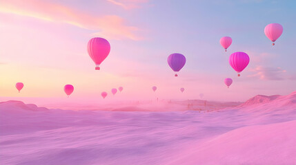 Fototapeta premium Colorful hot air balloons floating over a pink landscape at sunset.