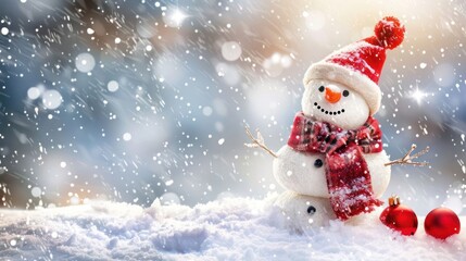 Obraz premium A cheerful snowman wearing a red hat and scarf, surrounded by snow and festive decorations.