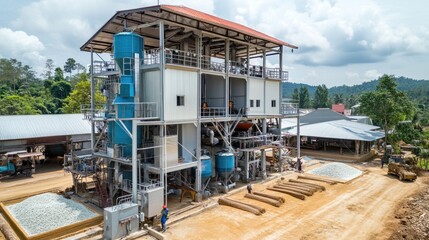 Fototapeta premium Unique rice mill setup featuring advanced husking and cleaning machinery for efficient rice processing