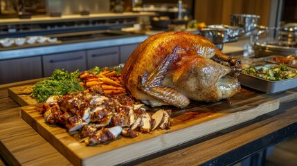 Naklejka premium Juicy roasted turkey on wooden cutting board, carving knife beside, ready for Thanksgiving feast, golden brown skin, herbs.