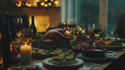 Golden roasted turkey centerpiece on wooden table, surrounded by autumn leaves, candles, harvest vegetables for Thanksgiving feast.