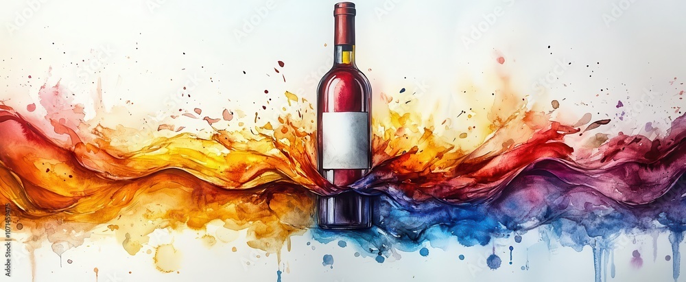 Wall mural a swirling spectrum of rainbow colors flows from a rich red wine bottle blending into an abstract wa
