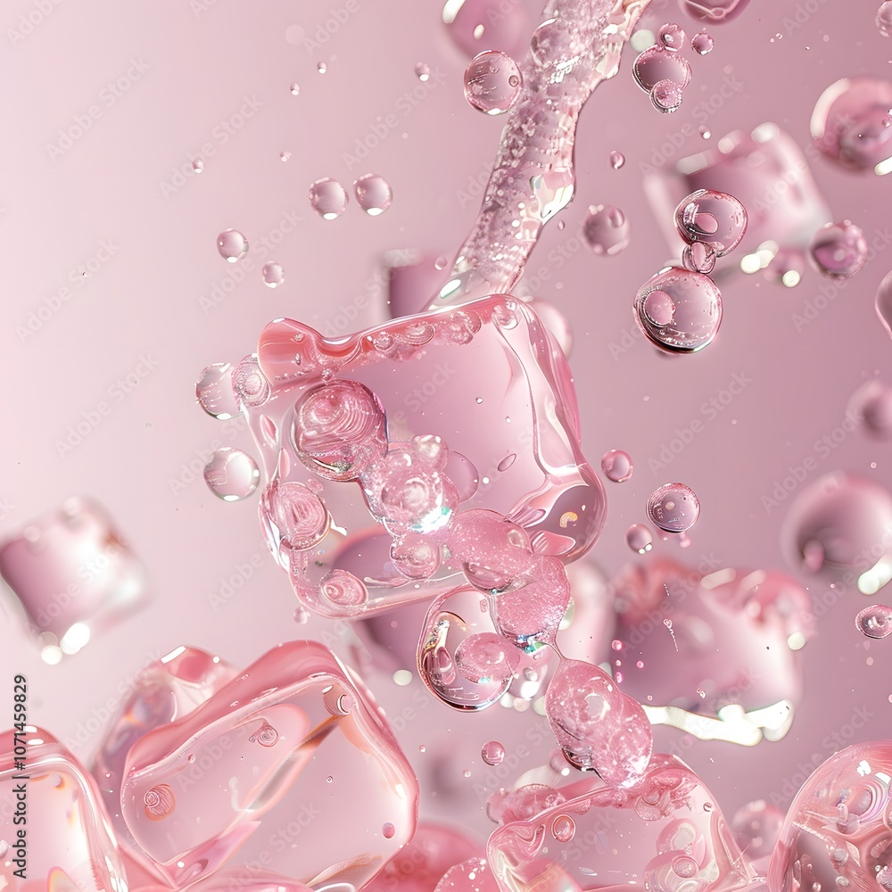 Poster a splash of ice cubes and bubbles against a pink background, creating a refreshing vibe.