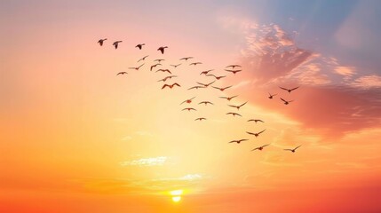 Obraz premium A serene sunset scene with birds flying across a colorful sky.