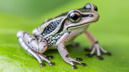 Obraz premium tiny frog resting on vibrant green leaf, showcasing its intricate details