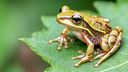 Obraz premium tiny frog perched on vibrant green leaf, showcasing its intricate details
