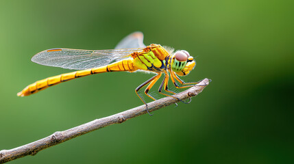 vibrant dragonfly resting on branch, showcasing its colorful body