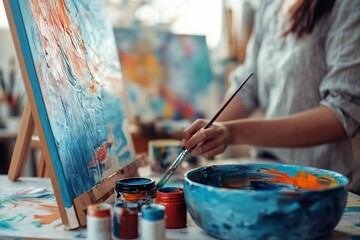 Naklejka premium A woman engaged in art therapy, painting on a canvas with vibrant colors, promoting relaxation, self expression, and emotional healing through creative art
