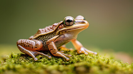 Fototapeta premium small frog sits gracefully on mossy surface, showcasing its vibrant colors and intricate patterns
